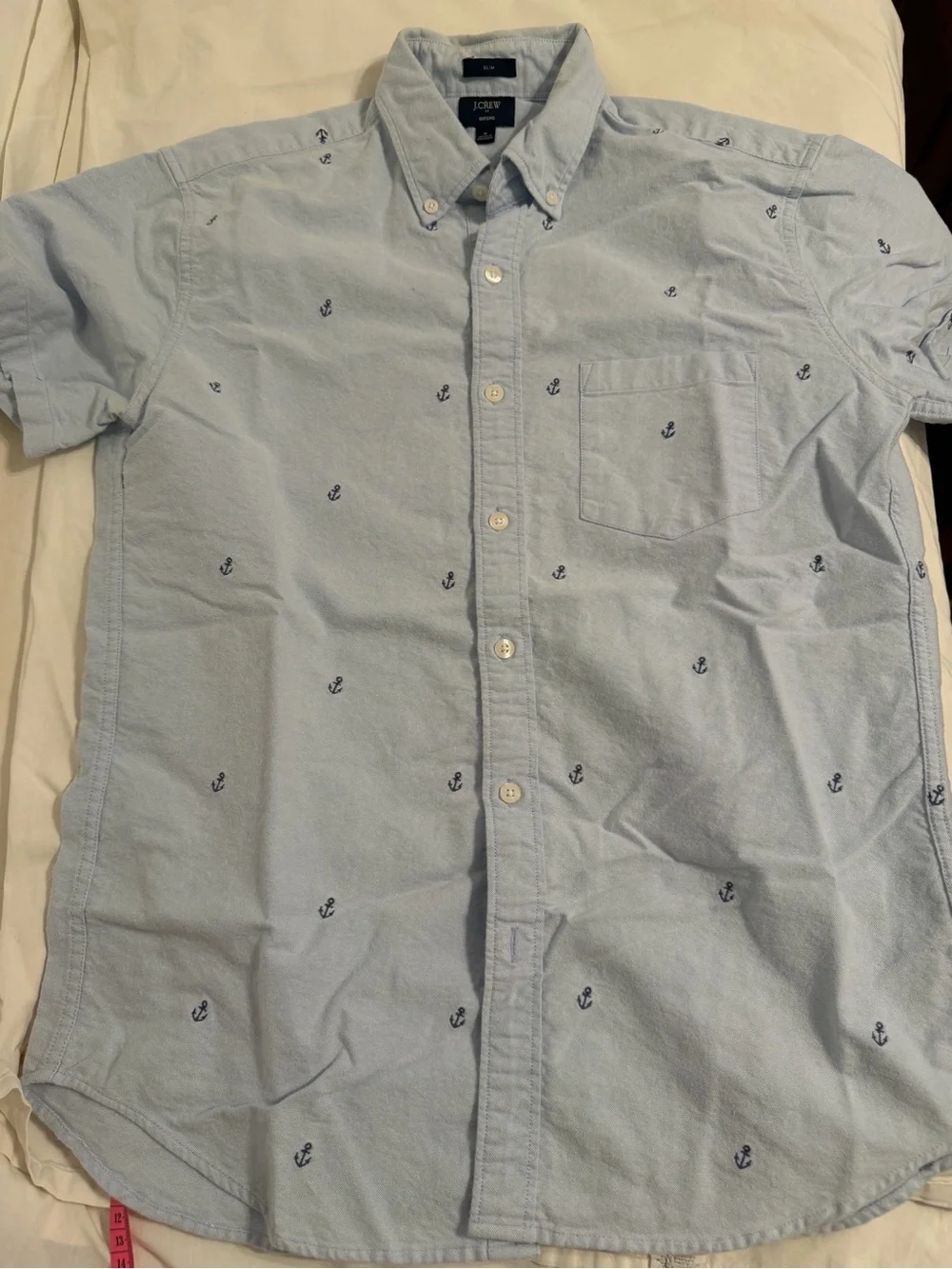 J. Crew Light Blue Short-Sleeve Button-Down with Navy Anchor Embroidery